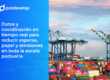Gestión portuaria sostenible: buque entrando a terminal de contenedores con coordinación digital y datos en tiempo real